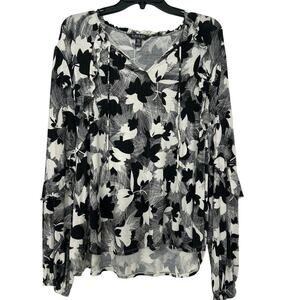 Lauren Ralph Lauren Black White Floral Ruffle Boho Peasant Blouse XXL